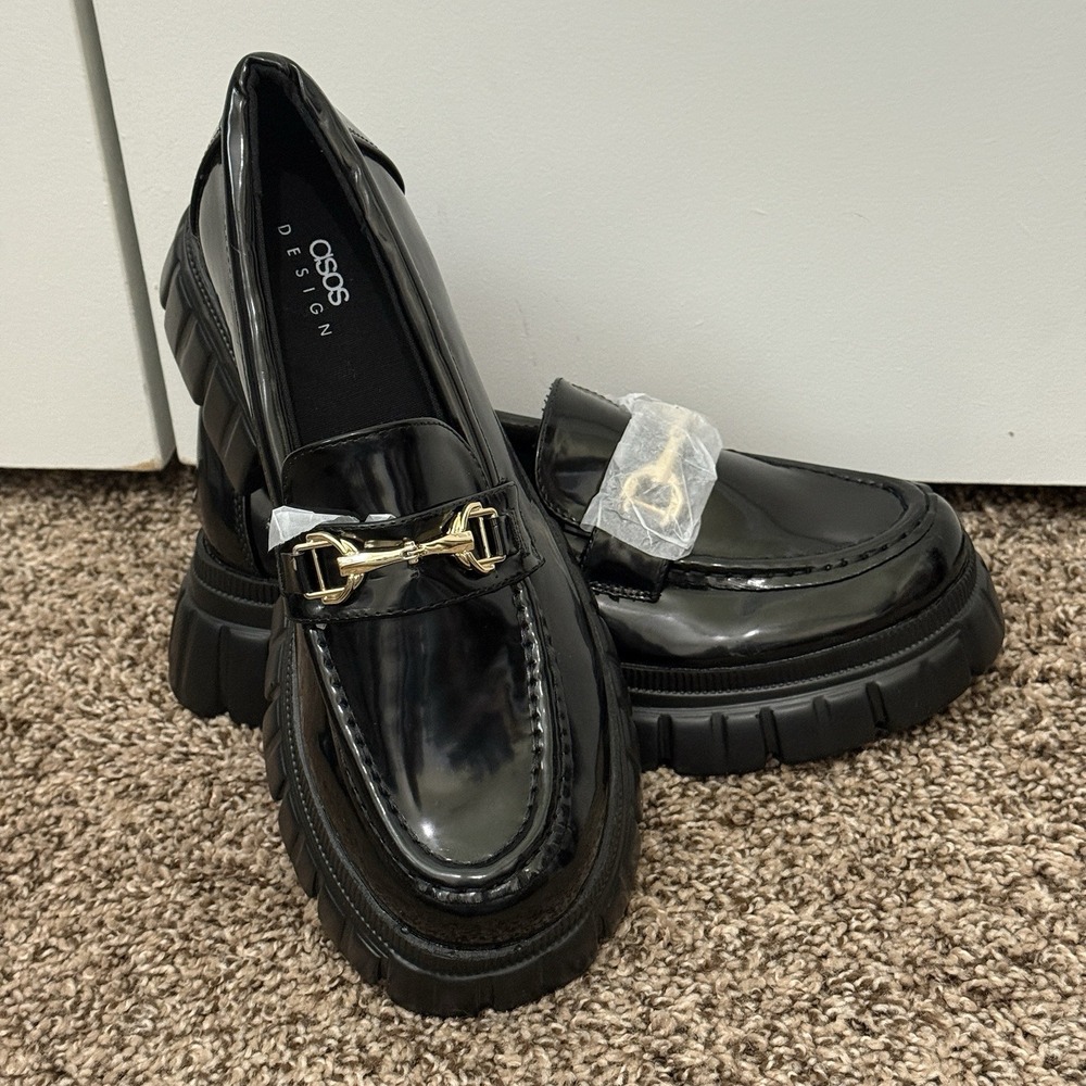 Asos Design Masterpiece Chunky Loafer Black Patent Leather Shoes Size 10 - Picture 1 of 10